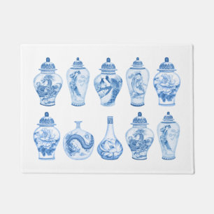 Coastal Blue White Chinoiserie Temple Ginger Jars Doormat