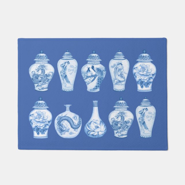 Coastal Blue White Chinoiserie Temple Ginger Jars Doormat (Front)
