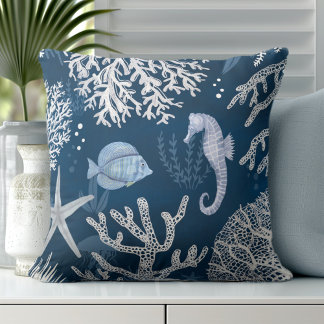 Coastal Blue White Coral Throw Pillow