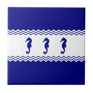 Coastal Blue White Ocean Seahorses Ceramic Tile