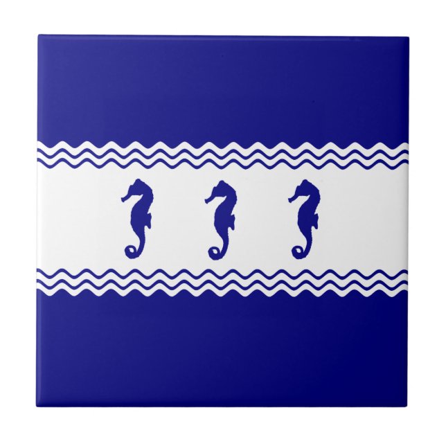 Coastal Blue White Ocean Seahorses Ceramic Tile (Front)
