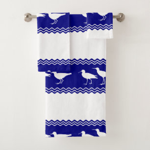 Coastal Blue White Sandpiper Birds Pattern Bath Towel Set