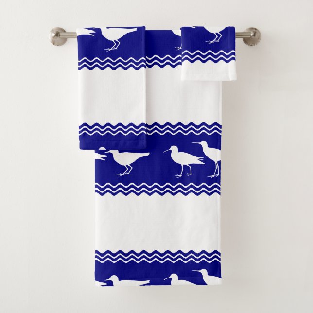 Coastal Blue White Sandpiper Birds Pattern Bath Towel Set (Insitu)