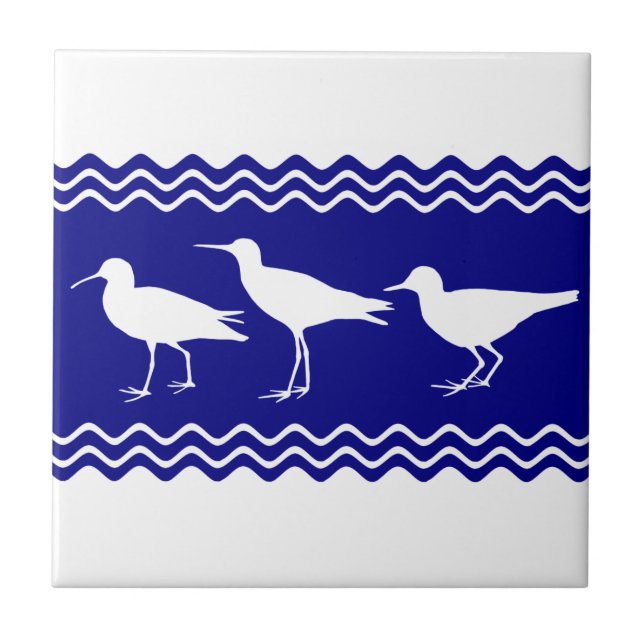 Coastal Blue White Sandpiper Birds Pattern Ceramic Tile (Front)