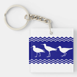 Coastal Blue White Sandpiper Birds Pattern Key Ring
