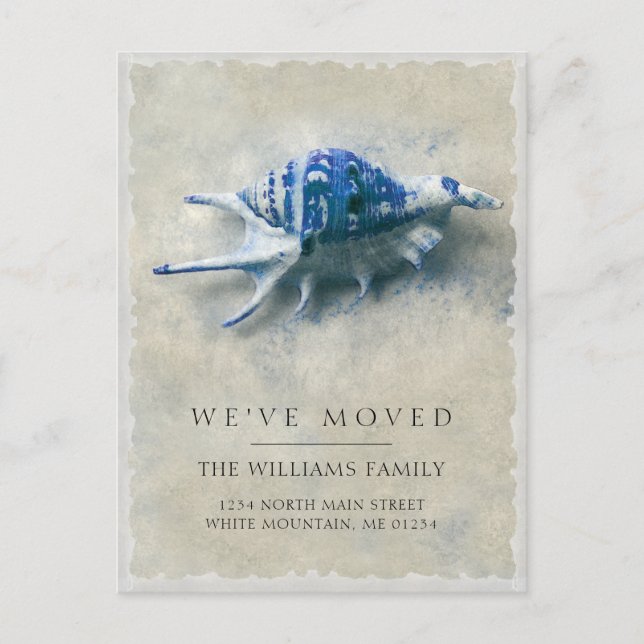 Coastal Blue White Seashell Sand Moving Announcement Postcard (Front)