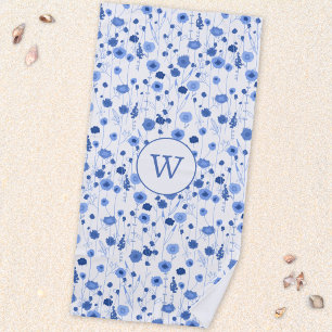 Coastal Blue Wildflower Meadow Botanical Monogram Beach Towel