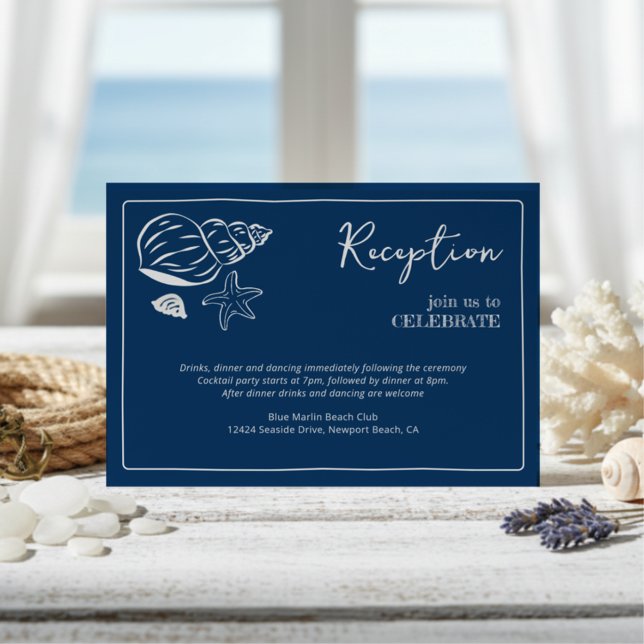 Coastal Blues Seashell & Script Wedding Reception  Enclosure Card (Creator Uploaded)