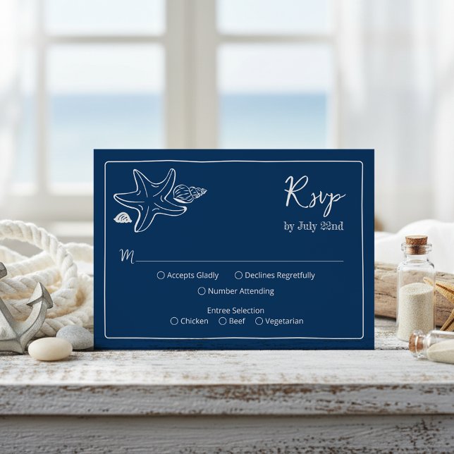 Coastal Blues Seashells & Script Wedding RSV RSVP Card (Creator Uploaded)