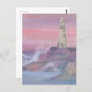 Coastal Bluff Lighthouse With Pink Sky Postcard