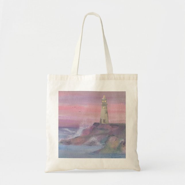 Coastal Bluff Lighthouse With Pink Sky Tote Bag (Front)