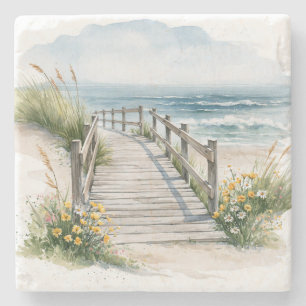 Coastal Boardwalk Watercolor Stone Coaster