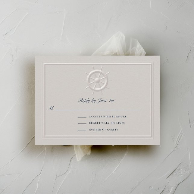 Coastal Boat Helm Formal Frame Wedding Response (coastal nautical wedding rsvp card faux embossed boat helm double frame modern classic navy ivory)