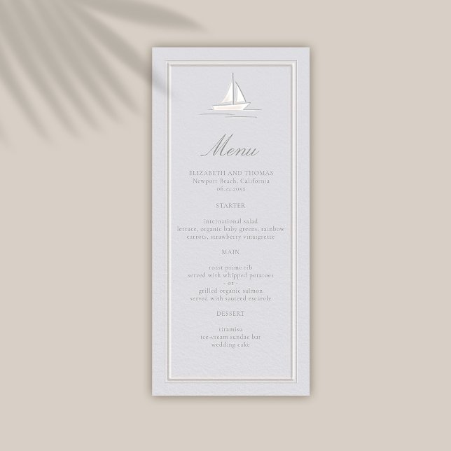Coastal Boat Nautical Faux Embossed Formal Wedding Menu (coastal wedding menu classic formal traditional frame faux embossed boat nautical beach yacht)
