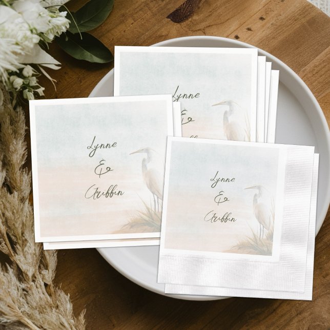 Coastal Boho Egret Wedding Personalised Napkin (Creator Uploaded)