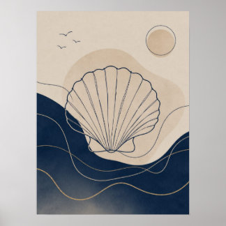 Coastal Boho Seashell and Deep Blue Ocean Waves Poster