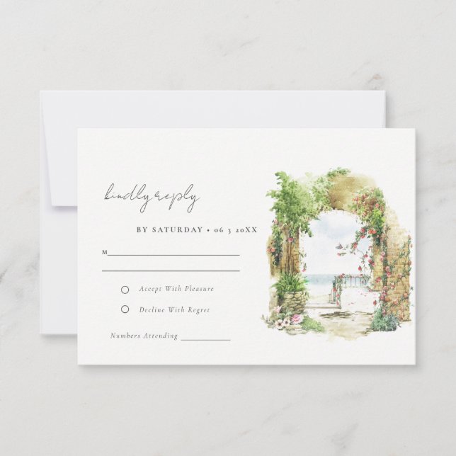 Coastal Botanical  Arch Beach Seascape Wedding RSVP Card (Front)
