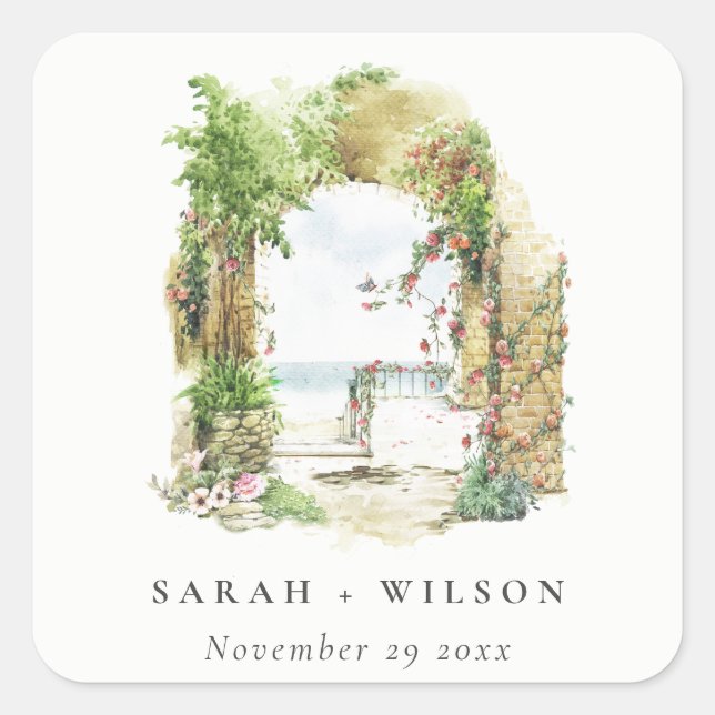 Coastal Botanical Arch Sand Beach Seascape Wedding Square Sticker (Front)