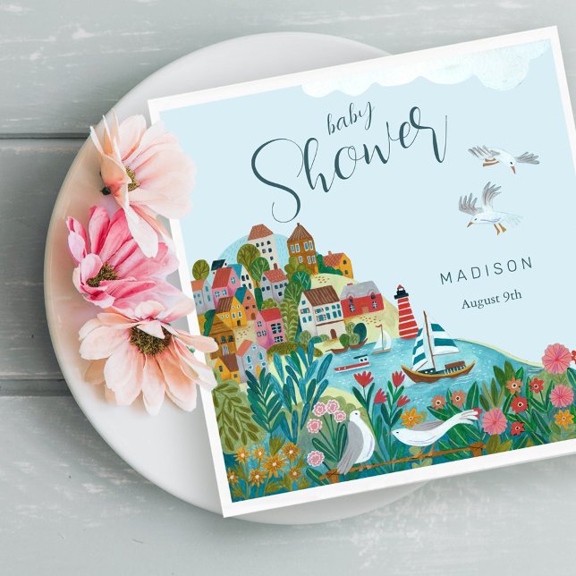 Coastal boy baby shower party napkin (It takes a village boy baby shower party napkins)