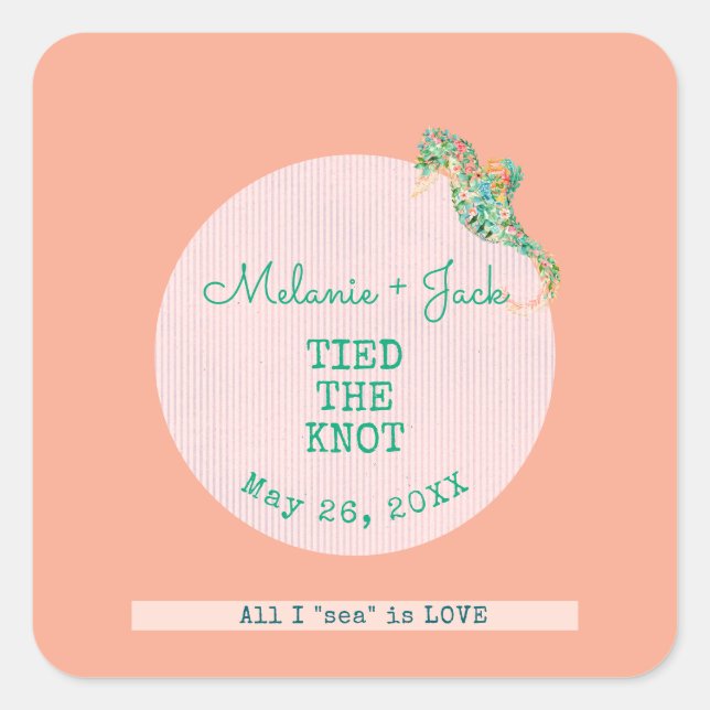 Coastal Bridal Shower Seahorse Stripe Square Sticker (Front)