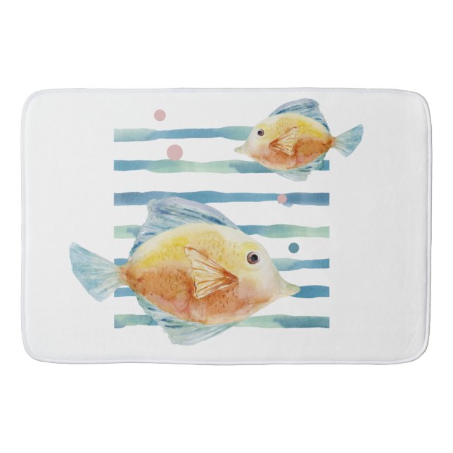 COASTAL BRIGHT WATERCOLOR TROPICAL FISH,  BEACH  BATH MAT (Front)