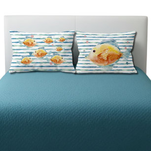 COASTAL BRIGHT WATERCOLOR TROPICAL FISH, BEACH PILLOWCASE