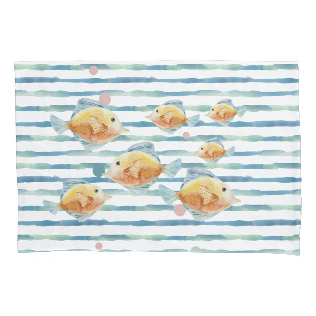 COASTAL BRIGHT WATERCOLOR TROPICAL FISH,  BEACH  PILLOWCASE (Front)