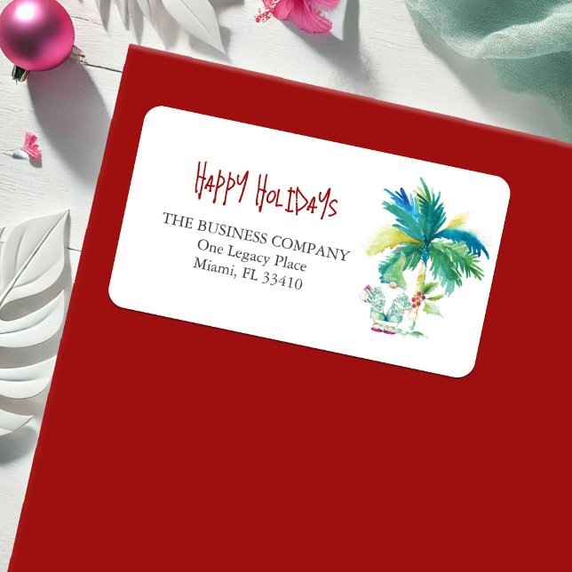 Coastal Business Christmas Return Address Label (Tropical Christmas return address labels watercolor palm tree art by Victoria Grigaliunas)