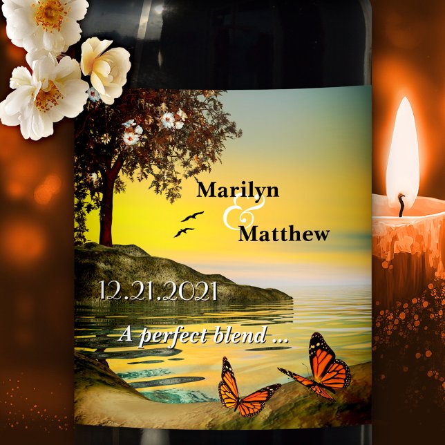 Coastal Butterfly Romantic Art Wedding  Wine Label (Wedding wine label with a coastal landscape scene with a blossoming tree and butterflies at sunset)