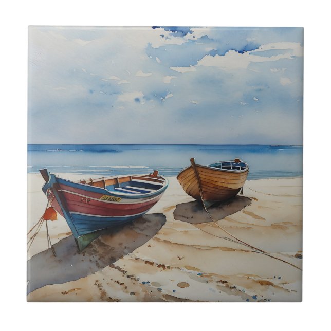 "Coastal Calm" A Restful Watercolour Boat Seascape Ceramic Tile (Front)