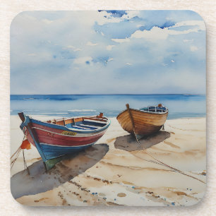 "Coastal Calm" A Restful Watercolour Boat Seascape Coaster