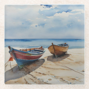 "Coastal Calm" A Restful Watercolour Boat Seascape Glass Coaster
