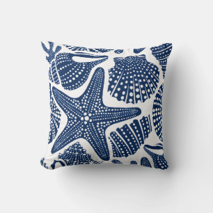 Coastal Calm – Blue Seashells and Starfish Pattern Cushion