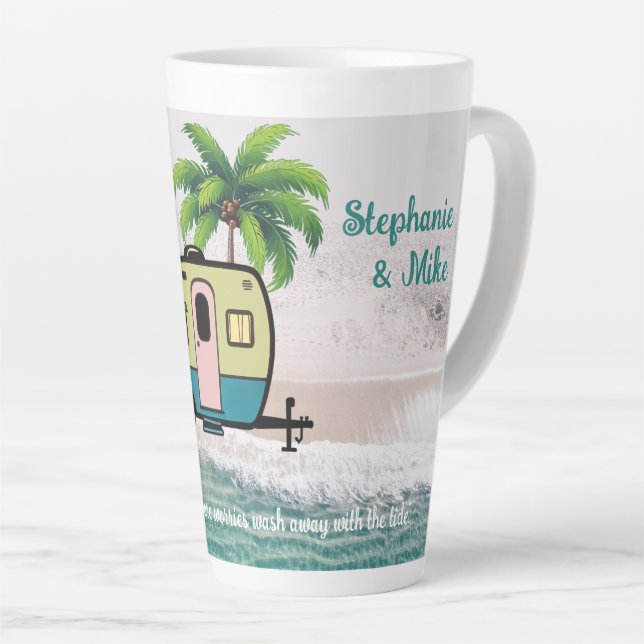 Coastal Camping Retro Trailer Personalised Latte Mug (Right Angle)