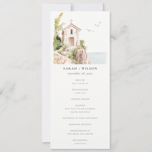 Coastal Catholic Church Watercolor Wedding Program (Front)