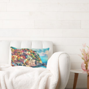 Coastal Charm Italy Cinque Terre Watercolor Lumbar Cushion