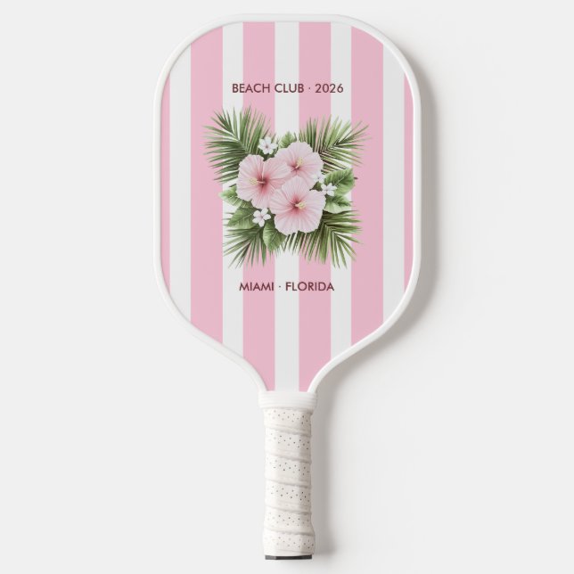 Coastal Chic Beach Club Pink Stripe Tropical Pickleball Paddle (Front)