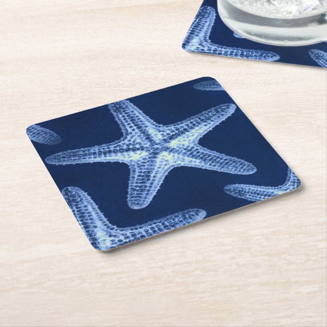 coastal chic beach rustic nautical blue starfish square paper coaster (Angled)