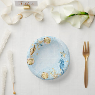 Coastal Chic   Blue and Gold Coral Reef Paper Plate