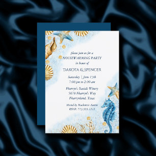 Coastal Chic Blue and Gold Housewarming Party Invitation