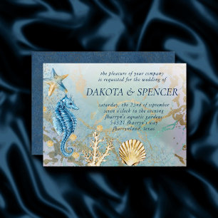 Coastal Chic   Blue and Gold Marble Coral Reef Invitation