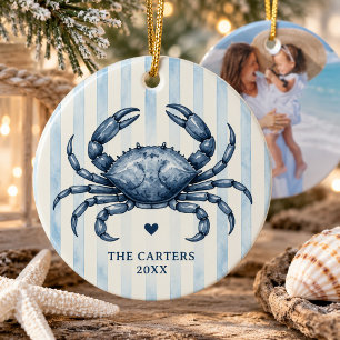 Coastal Chic Blue Crab Watercolor Stripe Photo Ceramic Ornament