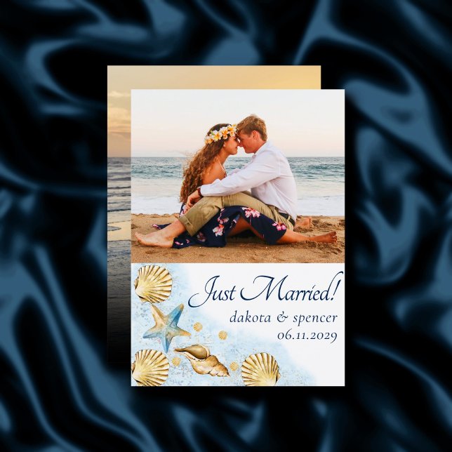 Coastal Chic | Blue Gold Coral Reef Photo Wedding Announcement (Creator Uploaded)