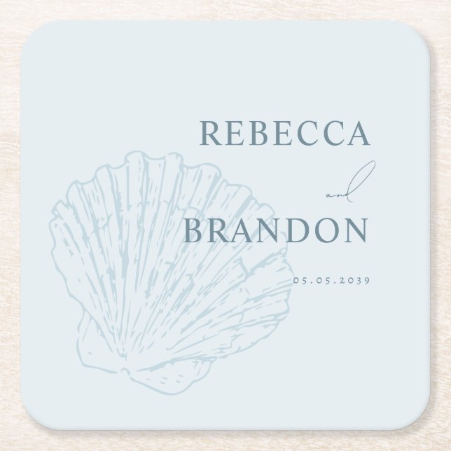 Coastal Chic Blue Hand Drawn Seashell Wedding Square Paper Coaster (Front)