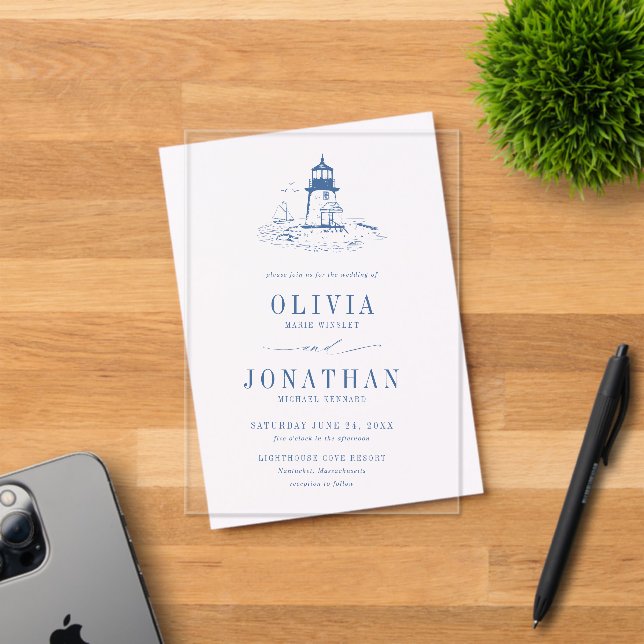 Coastal Chic Blue Lighthouse Wedding Acrylic Invitations (Insitu (Invitation Card))