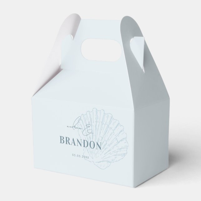 Coastal Chic Blue Nautical Seashell Names Wedding Favour Box (Front Side)