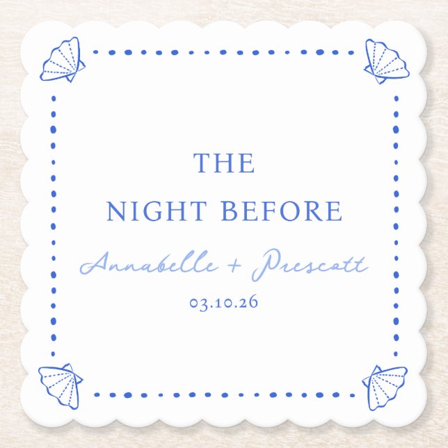 Coastal Chic Blue Personalised Rehearsal Dinner Paper Coaster (Front)