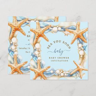 Coastal chic Blue Sea You Soon Baby Invitation