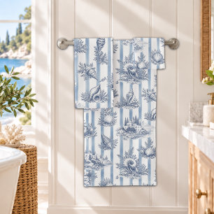 Coastal Chic Blue Stripes Seashells Toile de Jouy Bath Towel Set