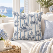 Coastal Chic Blue Stripes Seashells Toile de Jouy